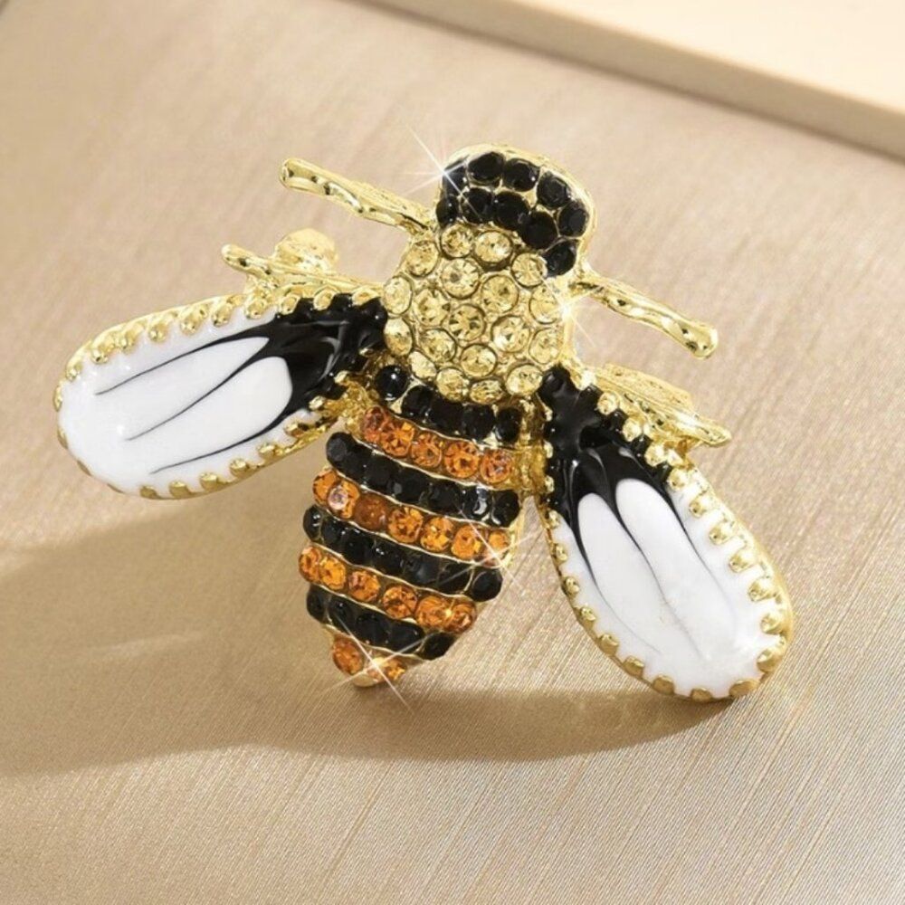 Brooch Bee Jewelry Golden Bee Rhinestone Brooch Black Enamel & Clear Gemstones